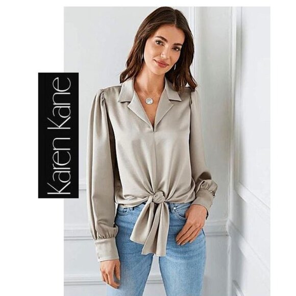KAREN KANE - Satin front tie long sleeve taupe coloured blouse - Picture 3 of 10